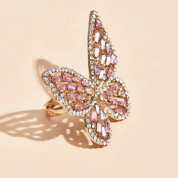 Large Baby Pink Rhinestone Butterfly Ring Adjustable Bling Pretty Gift Luxury - Picture 2 of 2